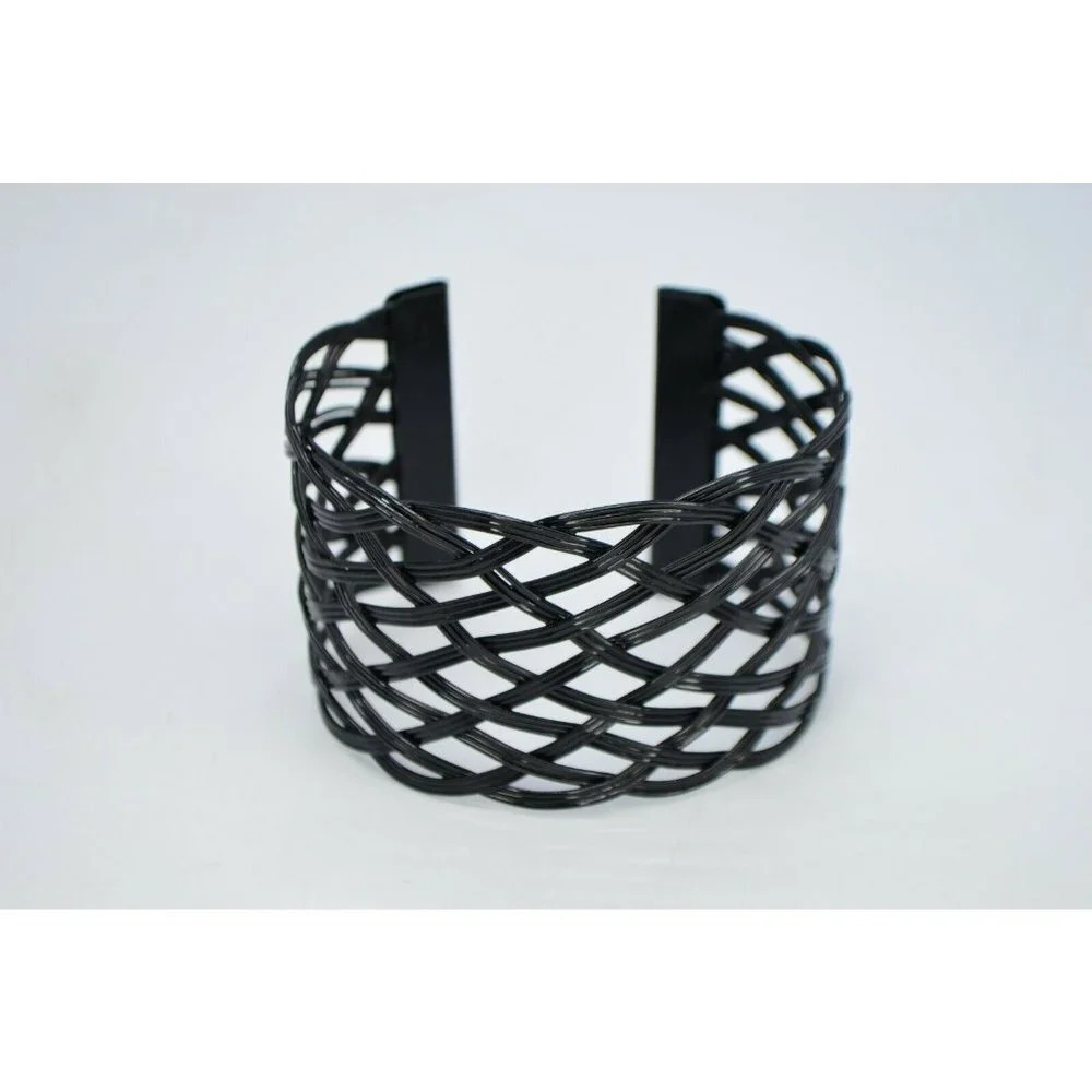 Black Enameled Basket Weave Style Metal Cuff 1980s